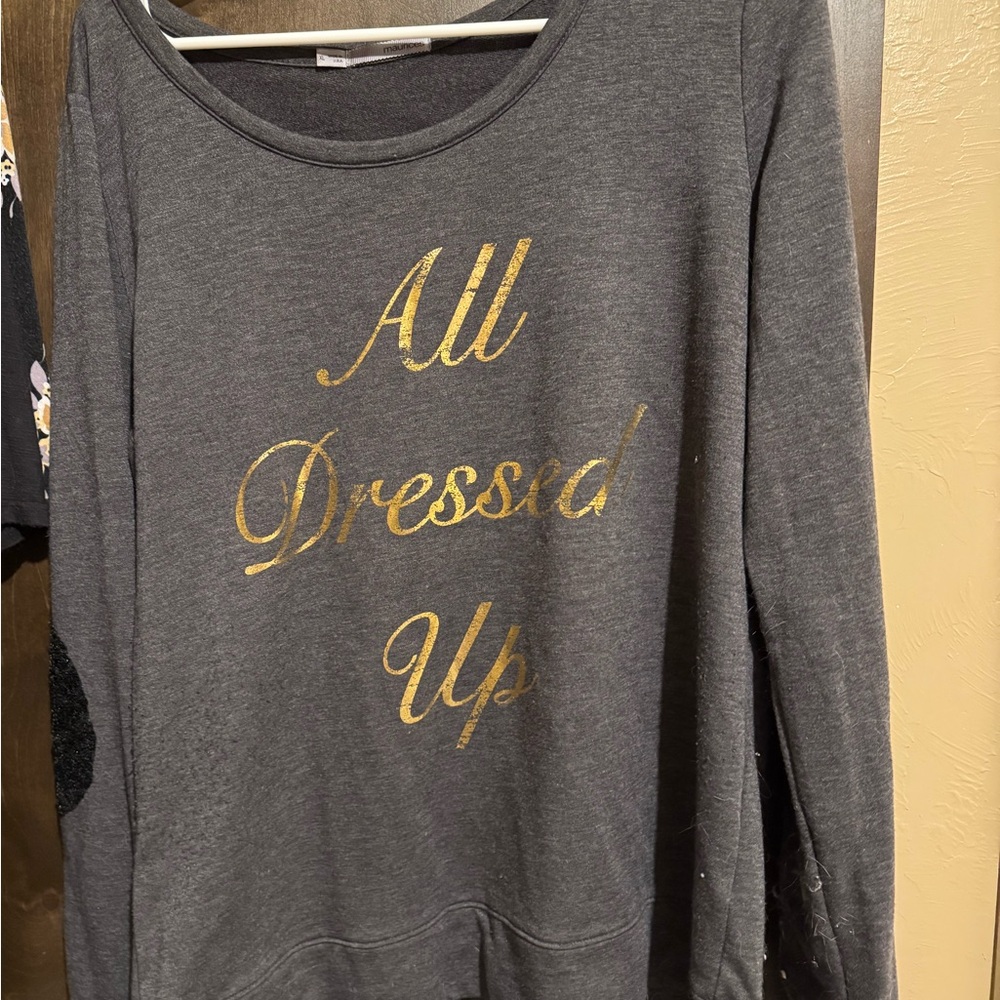 Gray Long Sleeve Top with Gold Text
